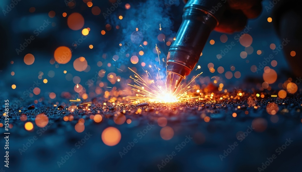 Aufkleber welding torch melting metal with sparks, creating industrial orange and blue light effect on dark ba