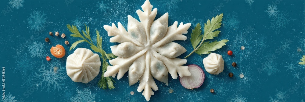 Poster Frozen Dumplings and Vibrant Vegetables Arranged Artistically With a Stylized Snowflake Background in a Cool Setting