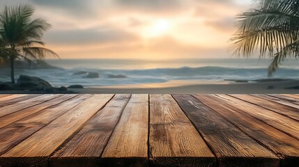 Wooden tabletop on tropical beach sunset background perfect for product display advertising or promotional material