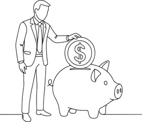 Piggy bank savings idea illustrated in line drawing