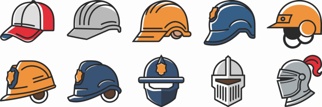 Vector icon set of various helmet types – Ideal for safety campaigns, sports branding, or occupational visuals