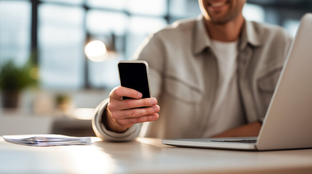 Young Caucasian businessman holding and looking at smartphone with open laptop on desk, modern office
