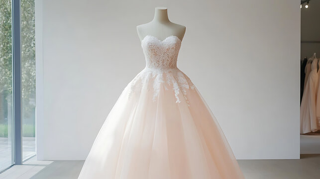 Elegant wedding gown displayed in a bridal boutique. Delicate lace bodice and flowing tulle skirt create a romantic silhouette. Perfect for a special day.