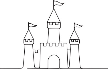 Amusement park castle with towers and flags line art