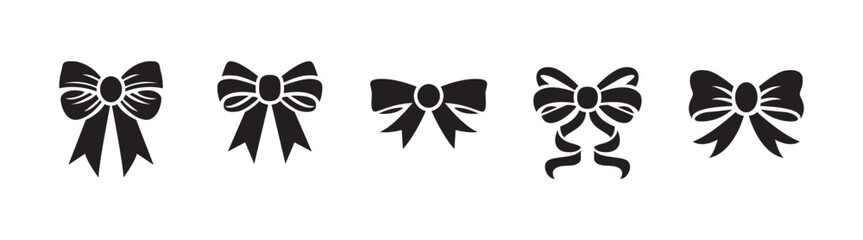 Black silhouette of a bow or a ribbon set in a flat vector style isolated on a white background