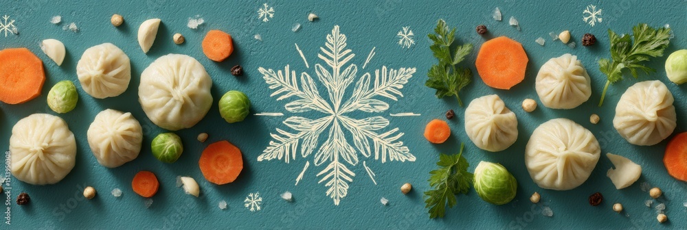 Poster Frozen Dumplings and Vegetables Arranged With a Stylish Snowflake Design on a Bright Background