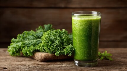 Green smoothie in glass with kale on wooden surface healthy drink.