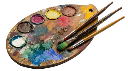 Wooden Artist Palette with Colorful Paints and Brushes