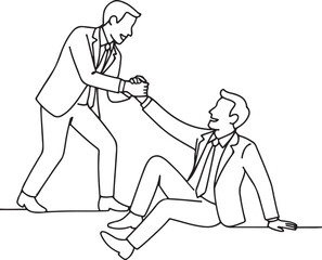 Businessman helping colleague rise again line drawing