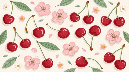 Delightful and elegant arrangement of fresh cherries cherry blossoms and green leaves