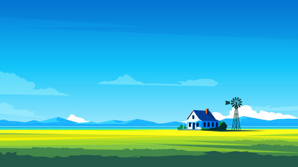 Peaceful Countryside with Windmill and Blue Sky