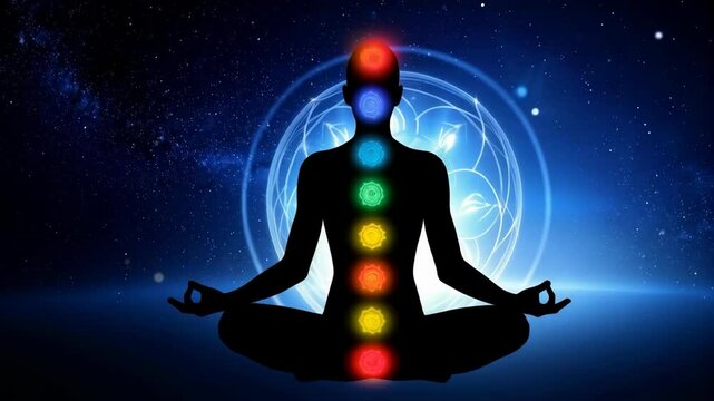 Meditating human silhouette with chakra points on cosmic background for spiritual wellness and inner peace practices.