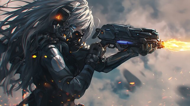 Woman with long silver hair, shooting a large sci-fi rail gun, colorful anime style