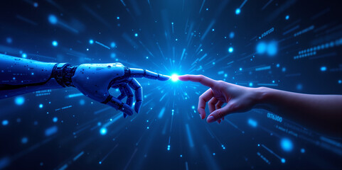 Futuristic artwork showing a robotic and human hand nearly touching fingertips over an abstract background of big data, binary code, neural patterns, and holographic interfaces in blue and purple.