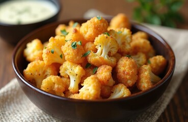 Air-fried cauliflower popcorn with soured cream herb dressing. Crispy, crunchy vegetarian snack. Delicious homemade dish on plate. Healthy meal for lunch, dinner. Close up view with bowl of cream