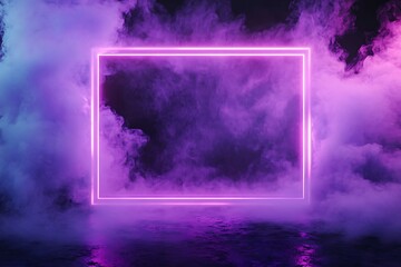 Purple neon square frame with smoke on a dark background. Glowing neon frame.