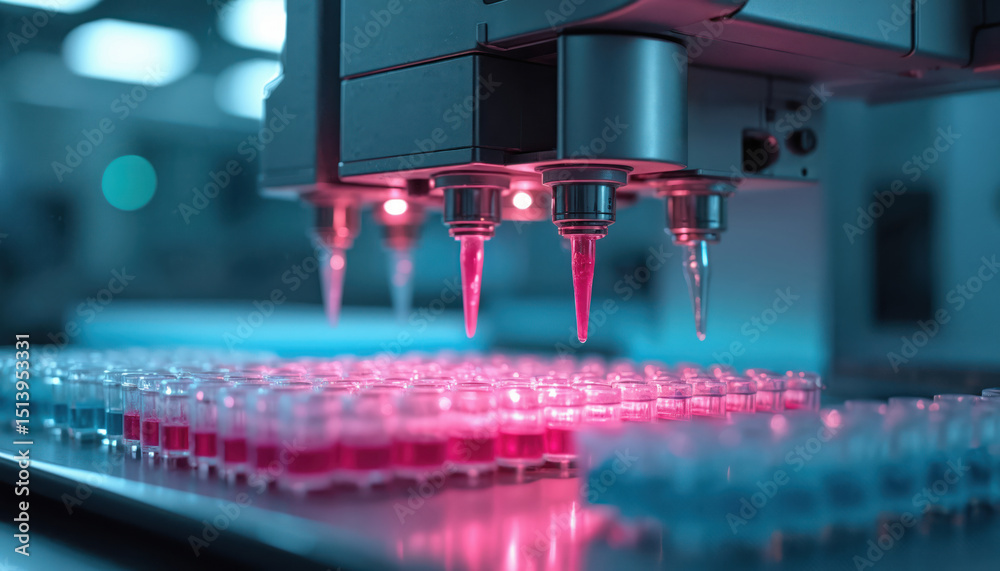 Poster Automated liquid handling system performs sample preparation. Robotic laboratory equipment in biotech. High-throughput screening with precision, molecular biology, tech and instrumentation.