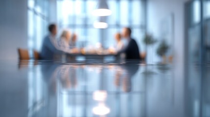 Business team meeting around a table in an office blurred background.