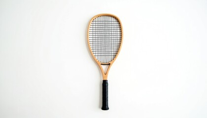 Squash racket isolated on white background. Sports equipment for indoor game. Wooden racket with a black grip and strings. Healthy lifestyle fun sport. Fitness training.