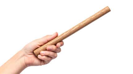 Hand Holding a Long Wooden Stick Isolated on White Background