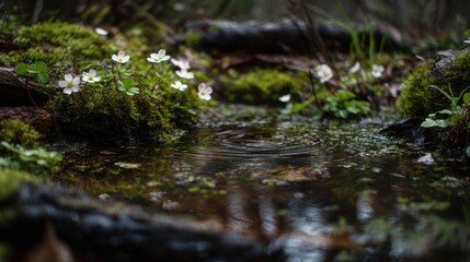 Small white flowers and moss growing near water in a forest setting.