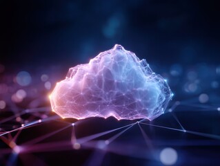 Digital cloud concept with connected lines and nodes against a dark blue background.