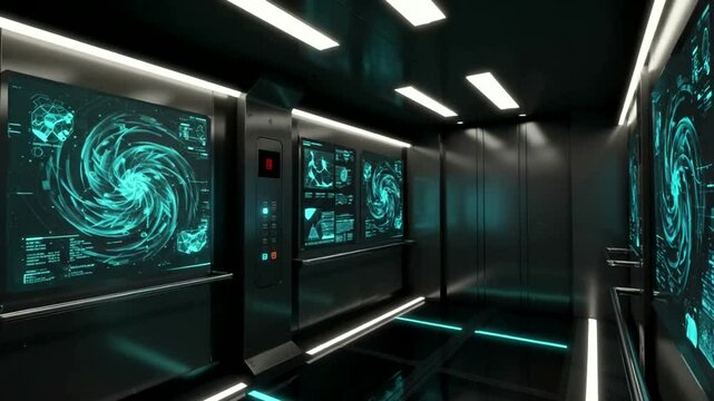 Scifi elevator Swirling turquoise data on sleek glowing screens hints at future tech