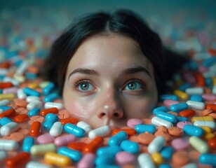 Plakat Woman submerged ocean pills. Metaphor drug abuse, addiction, health risks. Crisis, dependency, medication, pharmaceutical prescription. Mental health, side effects. Symbolism, suffering, depression.
