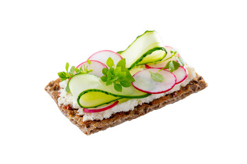 Healthy crispbread. Toast, sandwich, toast with cream cheese, cucumber, radish and fresh basil leaf. Isolated on white background. Close up.