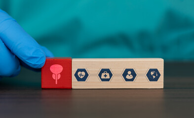 Men's health Doctor's hand holding a wooden cube with prostate and bladder icons, medical and...