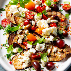 Grilled eggplants salad with feta cheese and tomatoes on a white plate. Close up. Top view.