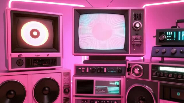 Retro entertainment system stack featuring vintage TVs, speakers, and audio equipment in a pink neon light ambiance.