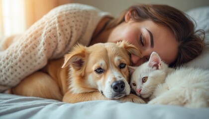 Obraz na płótnie Canvas Young woman sleeps in bed hugging dog cat. Woman rests with pets at home in cozy atmosphere. Friendship love family. Canine feline cuddle, rest. Happy moments.