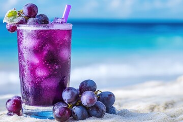 Purple grape juice drink with ice and grapes on the beach.