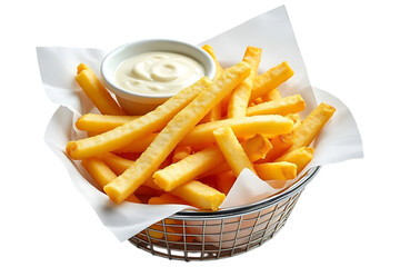 Golden french fries basket with creamy dip
