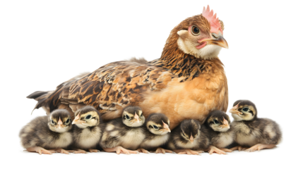 Hen with chicks isolated on a white background