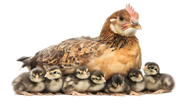 Hen with chicks isolated on a white background