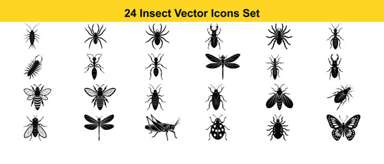 Set of wheat ears with various insect silhouettes, including spiders, flies, ants, bees, and butterflies, for a nature illustration collection