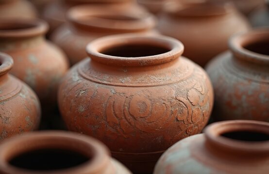 Close-up clay pots. Brown terracotta ceramic ware. Handmade traditional pottery vessels. Ancient craft, craft art. Vintage jug, vase, container. Rustic earthenware, interior decoration. - Powered by Adobe
