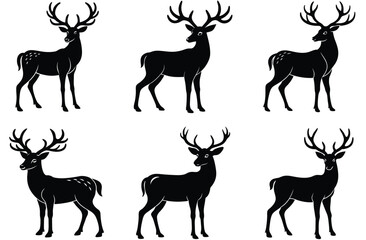 A striking black vector illustration set of wild deer animal silhouettes