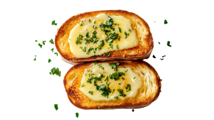 Two slices of toasted bread topped with melted cheese and parsley  isolated on transparent background