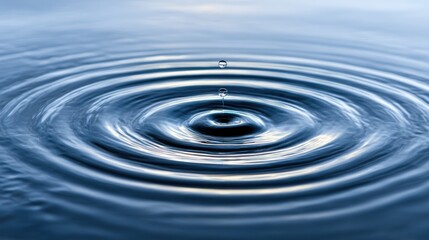 Water drop creates ripples in a calm blue liquid surface.
