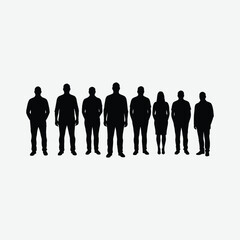 Minimalist artwork of seven diverse black silhouettes standing in a line on a white background. Abstract, balanced, and neutral design ideal for modern visual projects.