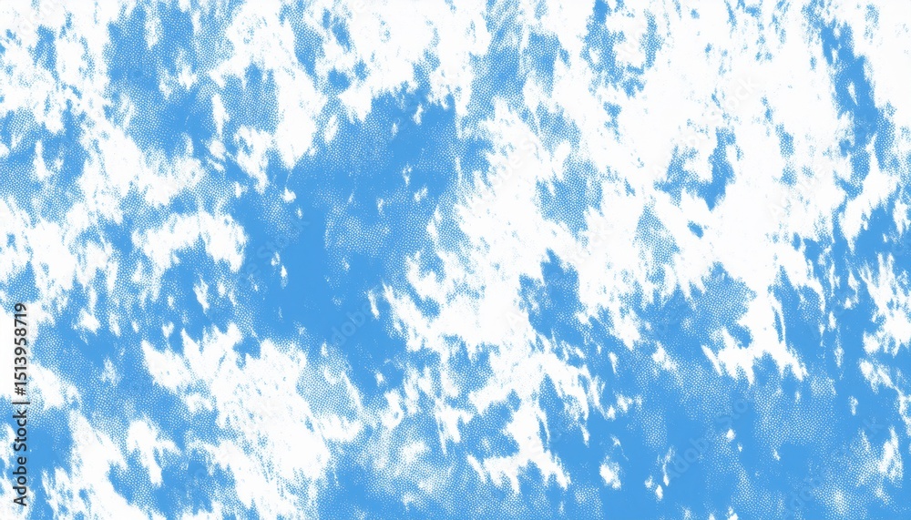 Poster halftone sky texture with scattered white clouds over blue background ideal for web design, pop art print, abstract branding, and retro themed visual compositions

