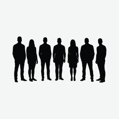 Minimalist artwork of seven diverse black silhouettes standing in a line on a white background. Abstract, balanced, and neutral design ideal for modern visual projects.
