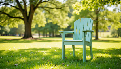 Garden chair on trimmed grass, a peaceful outdoor setting in a sunny park