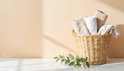 Laundry basket with soft towels neatly arranged on a marble countertop