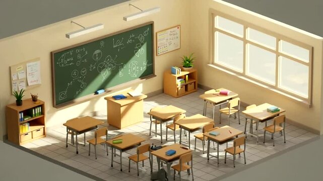 Classrooms serene geometry Desks align under a sunlit window knowledge etched on the chalkboard