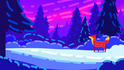 Fox in Snowy Forest Under Colorful Sky