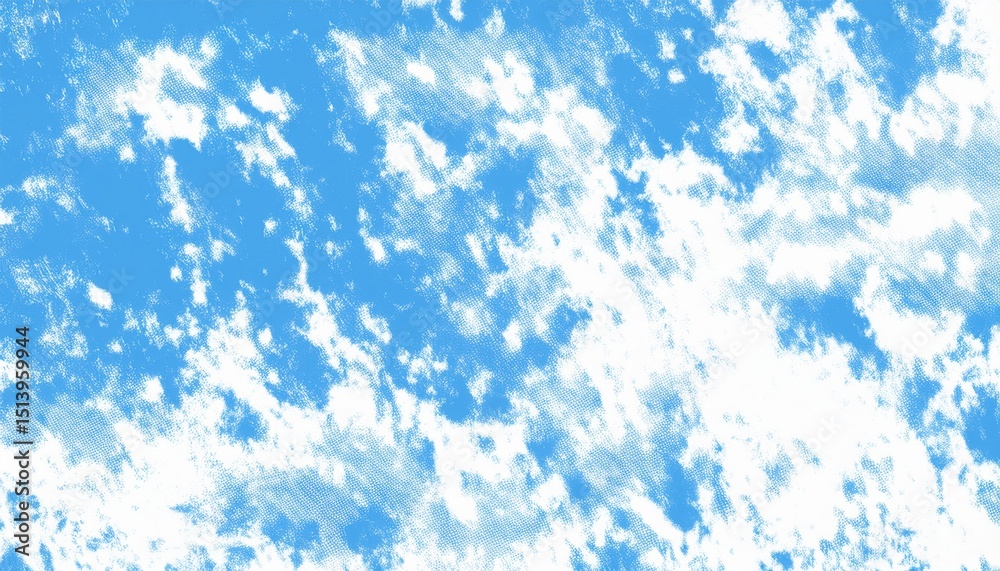 Poster halftone sky texture with scattered white clouds over blue background ideal for web design, pop art 